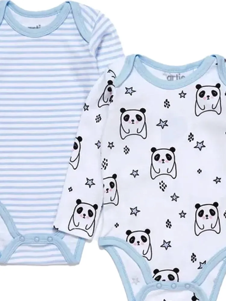 Artie - Sleepy Panda  / Sky Blue & White Striped Long Sleeve Baby Interlock Bodysuits - 2 Pack Set