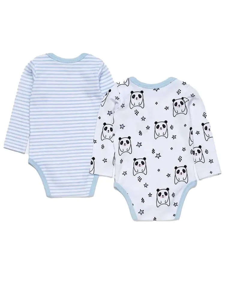 Artie - Sleepy Panda  / Sky Blue & White Striped Long Sleeve Baby Interlock Bodysuits - 2 Pack Set