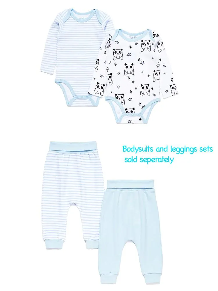 Artie - Sleepy Panda  / Sky Blue & White Striped Long Sleeve Baby Interlock Bodysuits - 2 Pack Set
