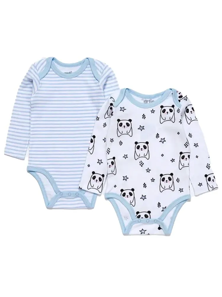 Artie - Sleepy Panda  / Sky Blue & White Striped Long Sleeve Baby Interlock Bodysuits - 2 Pack Set