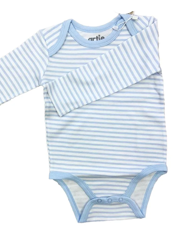 Artie - Sleepy Panda  / Sky Blue & White Striped Long Sleeve Baby Interlock Bodysuits - 2 Pack Set