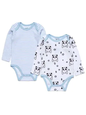Artie - Sleepy Panda  / Sky Blue & White Striped Long Sleeve Baby Interlock Bodysuits - 2 Pack Set