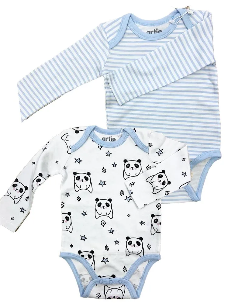 Artie - Sleepy Panda  / Sky Blue & White Striped Long Sleeve Baby Interlock Bodysuits - 2 Pack Set