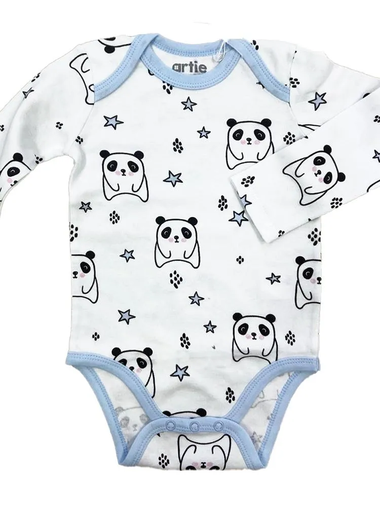 Artie - Sleepy Panda  / Sky Blue & White Striped Long Sleeve Baby Interlock Bodysuits - 2 Pack Set