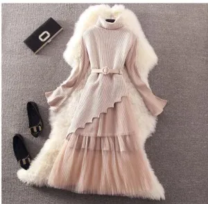 Autumn Winter Women Dress Suit 2018 Cute Mesh Lace Knitted Dress Bodycon Casual Pleated Dress Work Spring vestidos