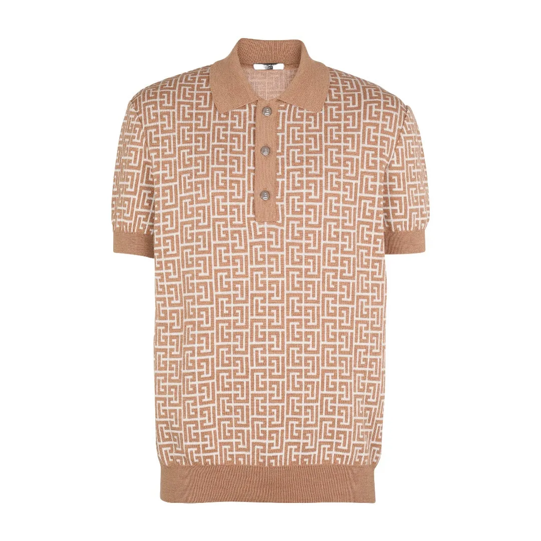 BALMAIN PARIS MONOGRAM WOOL & LINEN POLO BEIGE