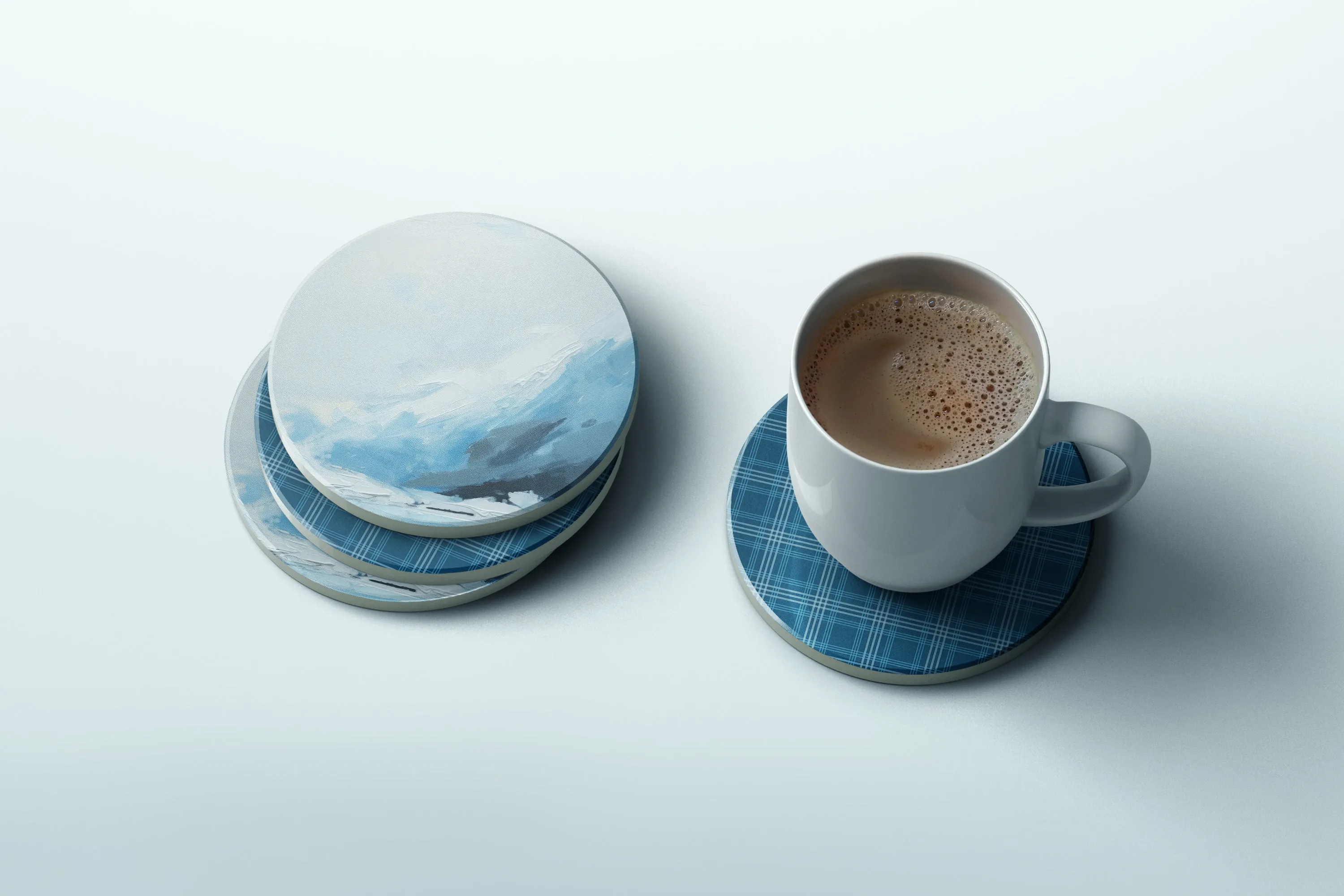 Blue Waves and Blue Plaid preppy coaster set | sandstone coasters | Preppy Coastal Collection