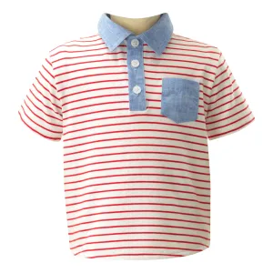 Breton Stripe Polo Shirt, Red