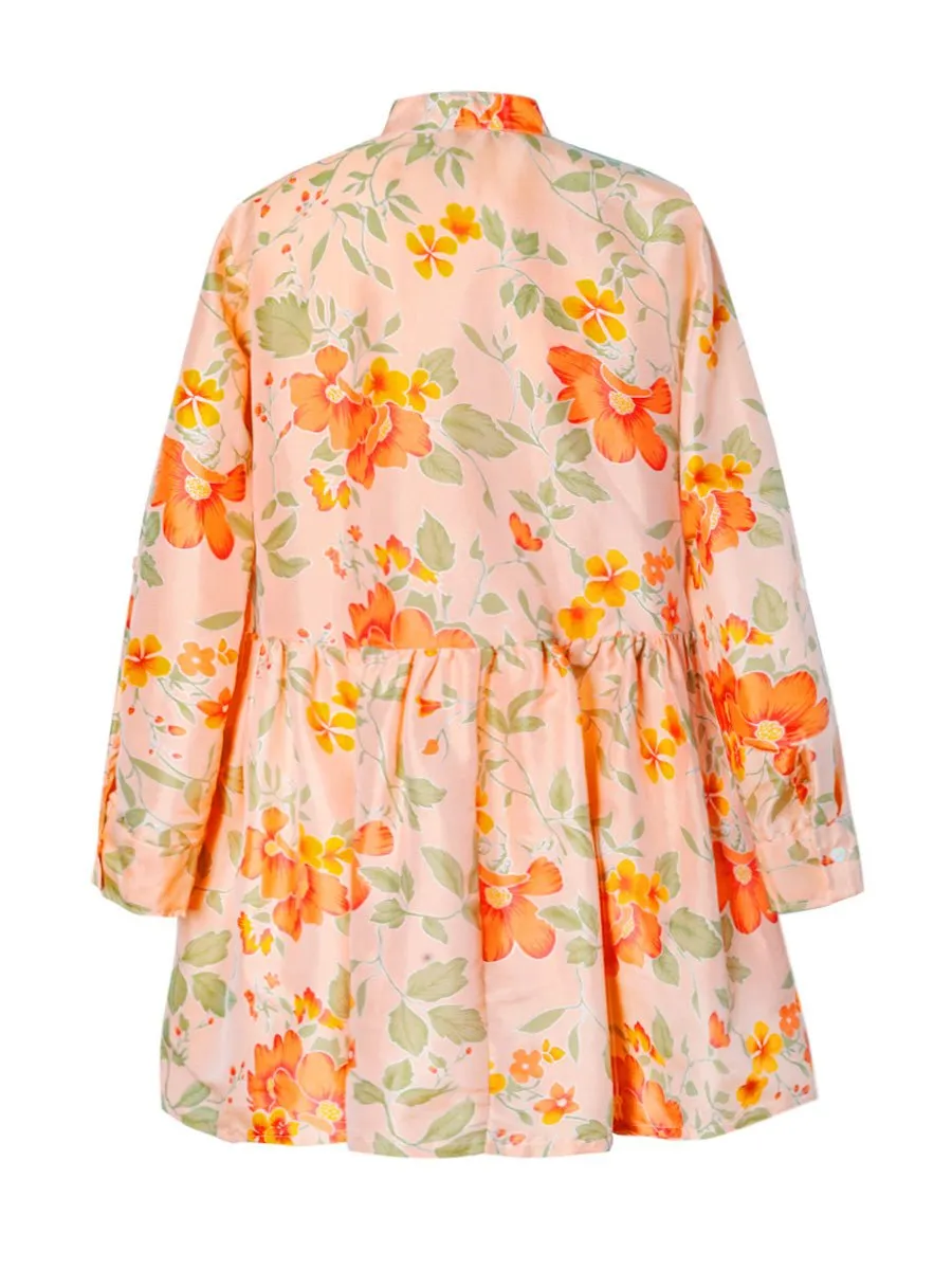 Calliope Printed Thai Silk Button Down Dress- Peachy