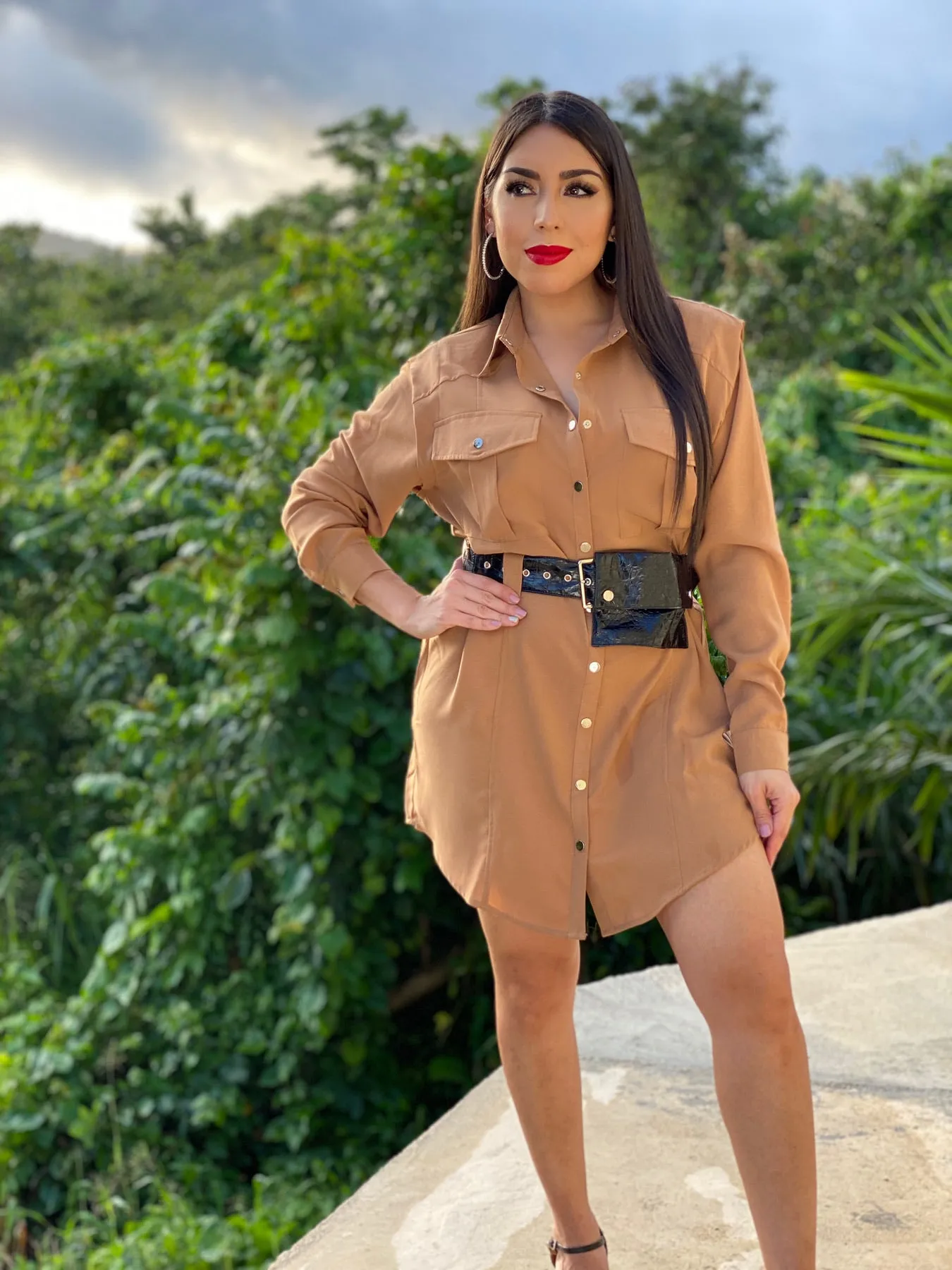 Camel Shirt Dress with Belt