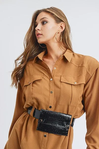 Camel Shirt Dress with Belt