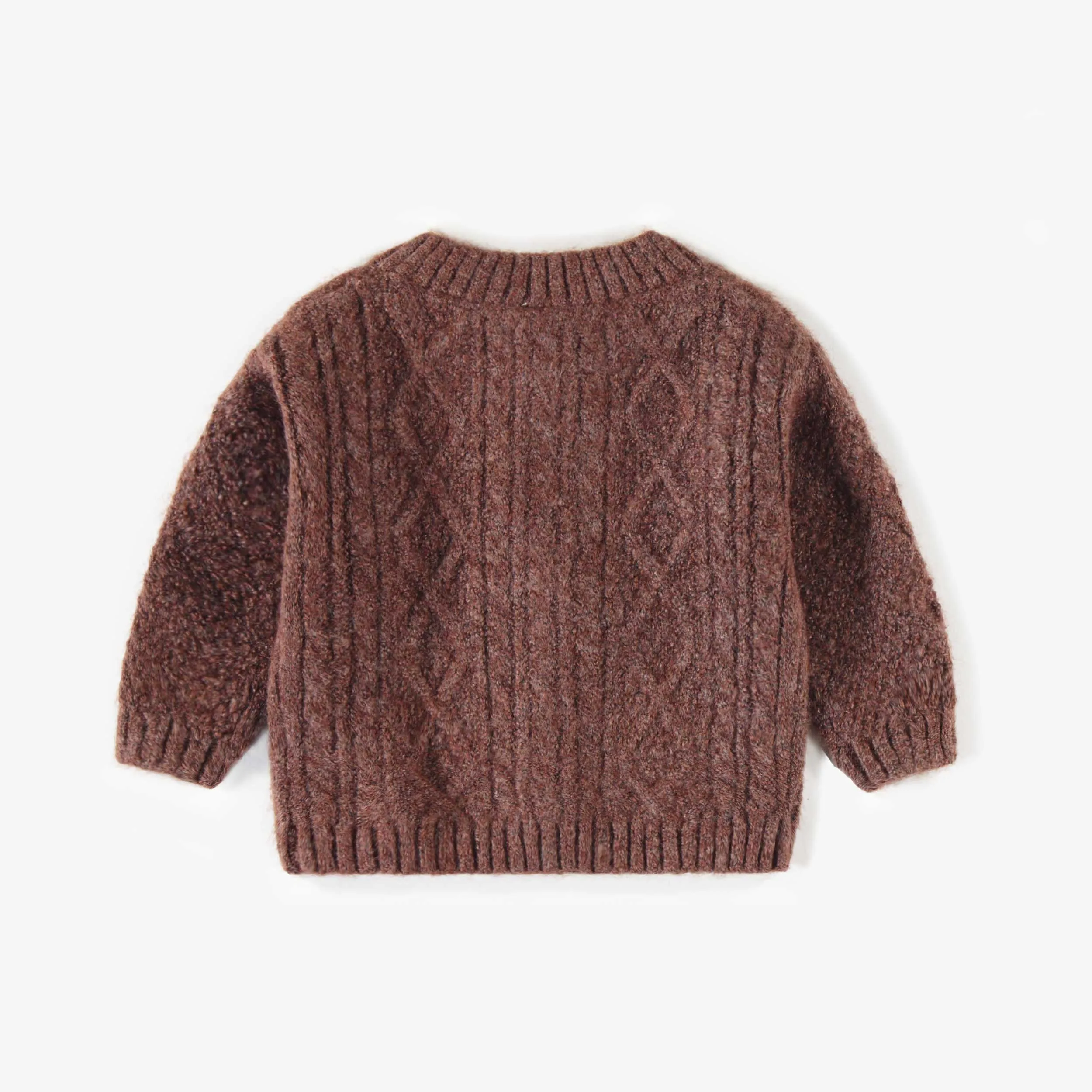 Cardigan de maille brun en polyester recyclé, naissance   || Brown knitted cardigan in recycled polyester, newborn
