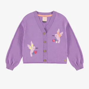 Cardigan mauve en tricot avec colibris, enfant||Purple knitted cardigan with hummingbirds, child
