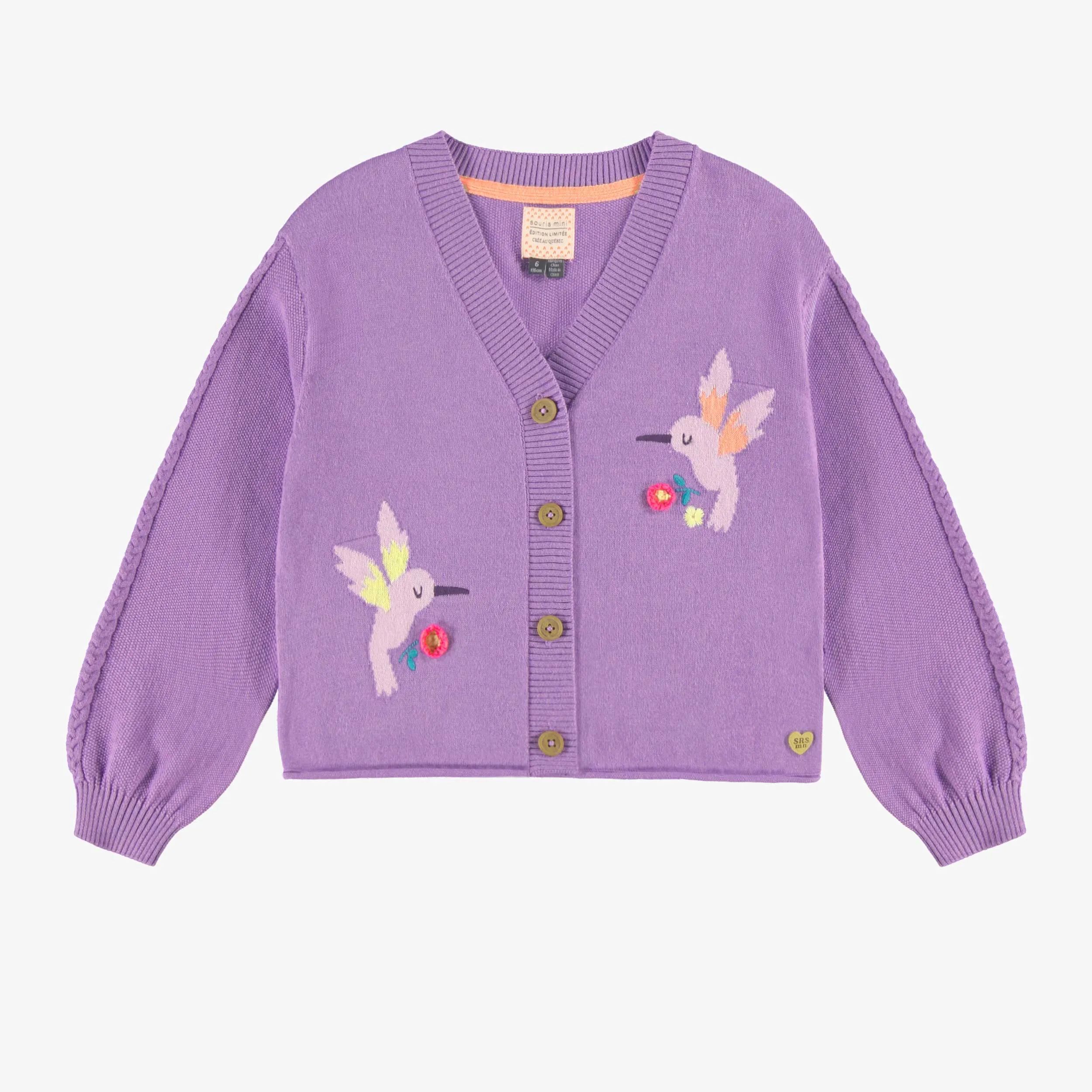 Cardigan mauve en tricot avec colibris, enfant||Purple knitted cardigan with hummingbirds, child