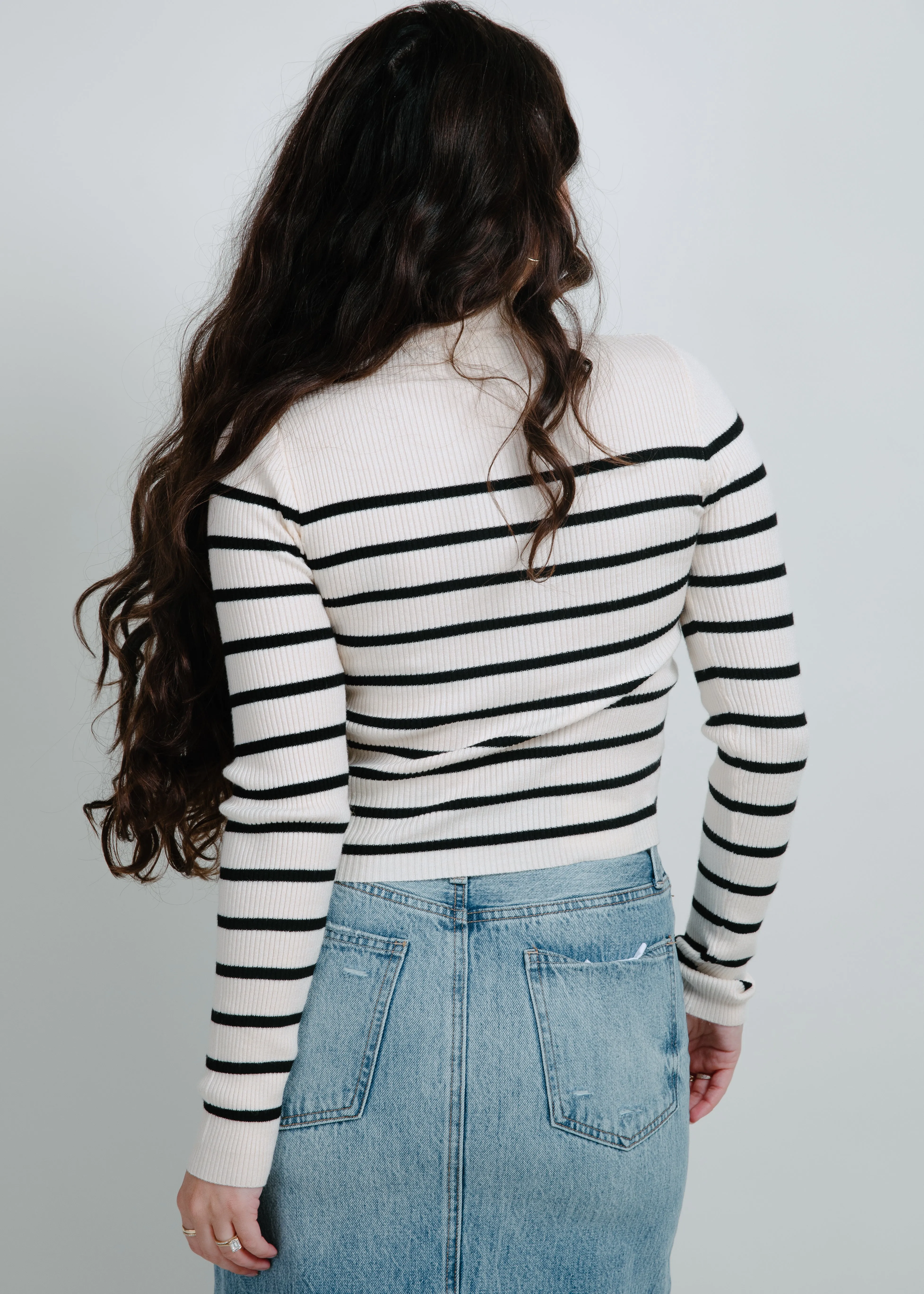 Carrie Mock Neck Striped Top - Ivory