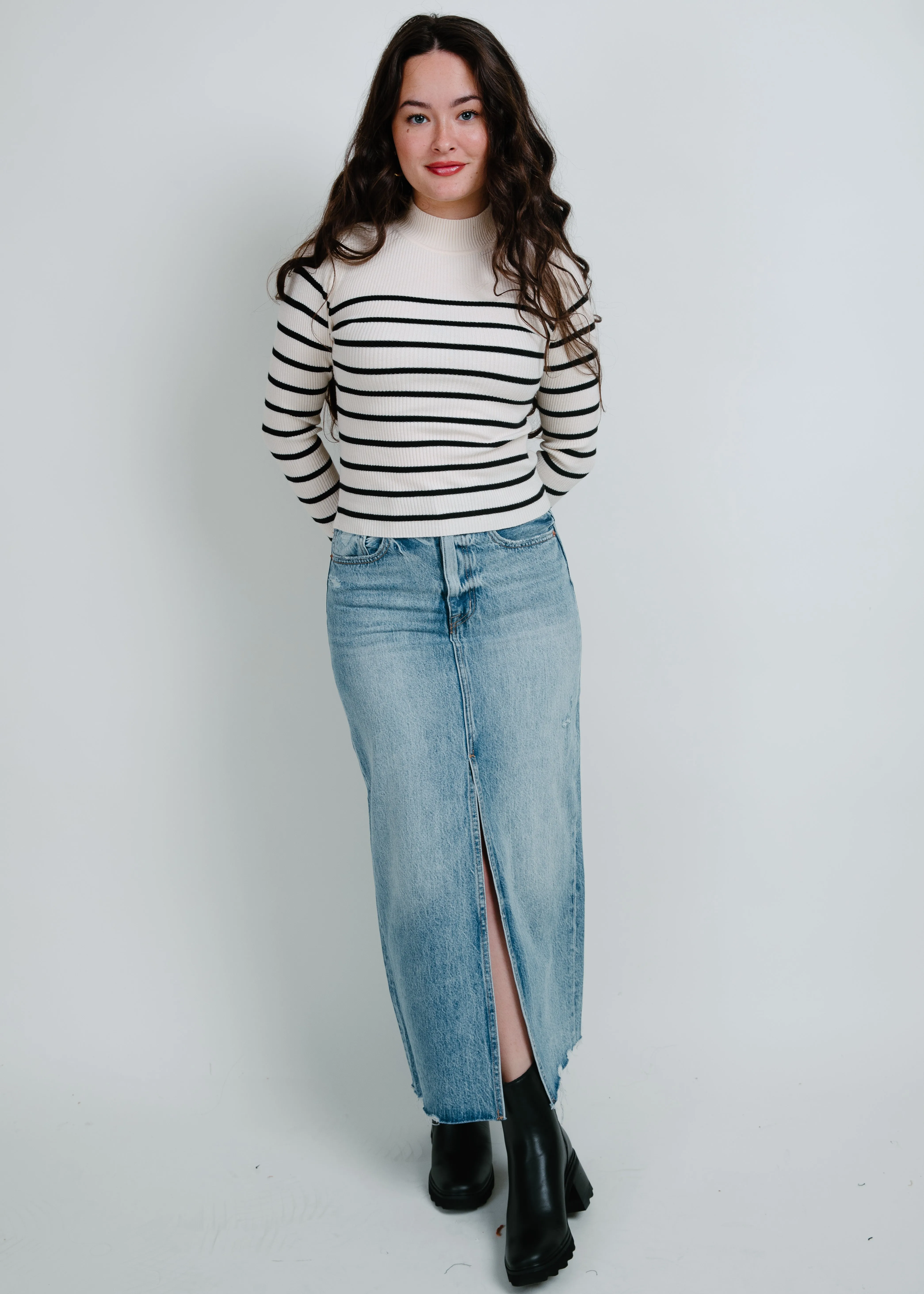 Carrie Mock Neck Striped Top - Ivory