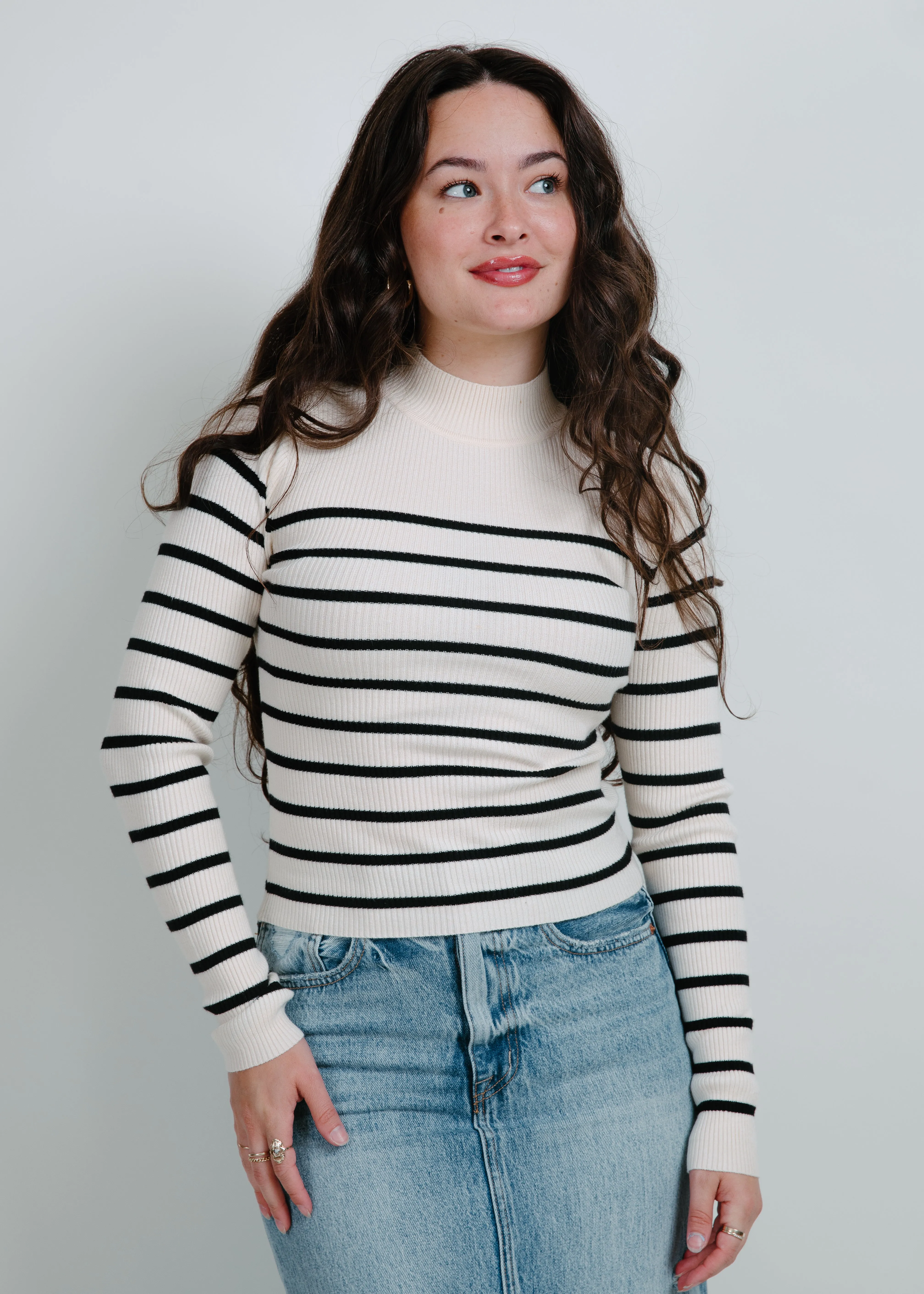 Carrie Mock Neck Striped Top - Ivory