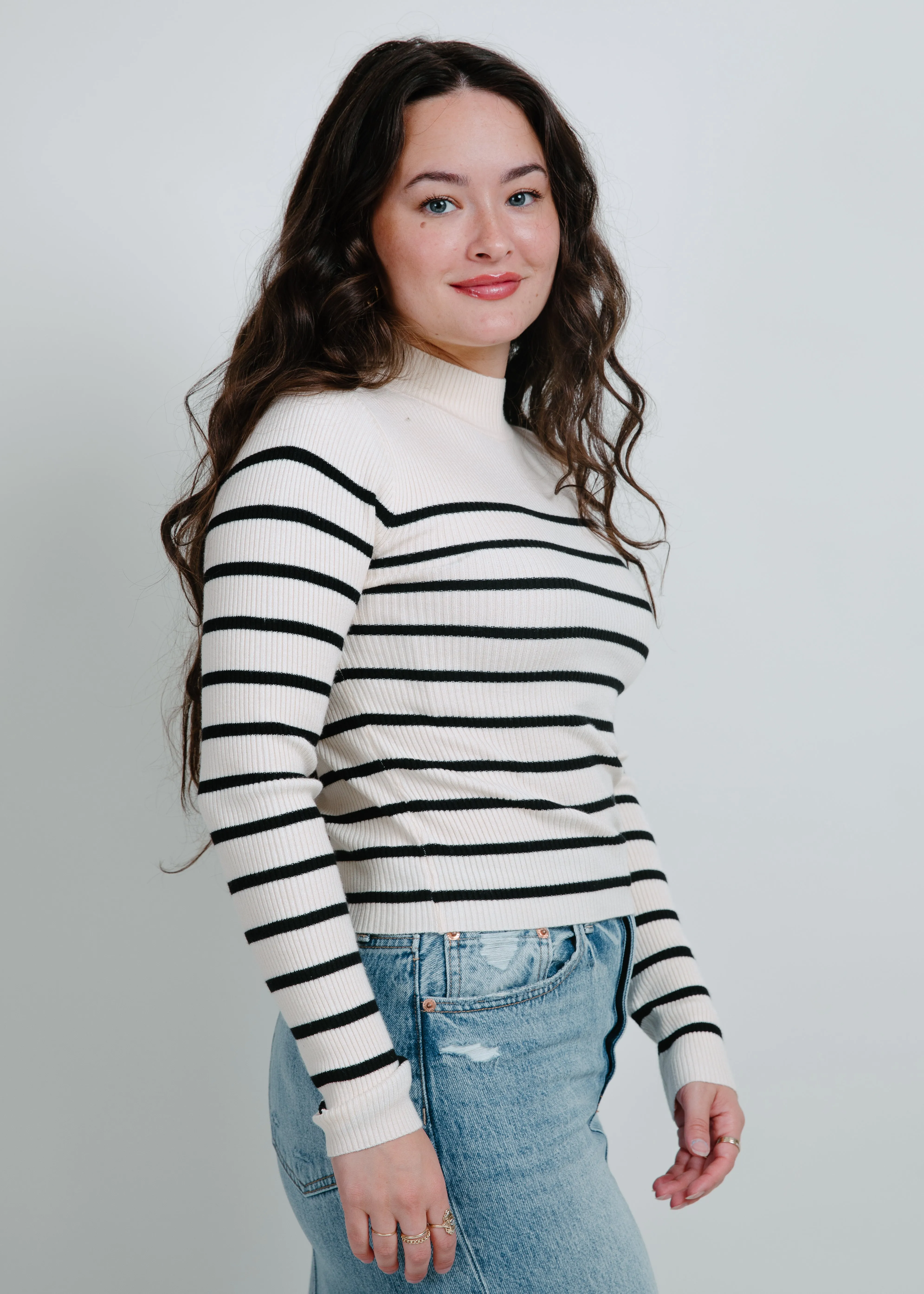 Carrie Mock Neck Striped Top - Ivory