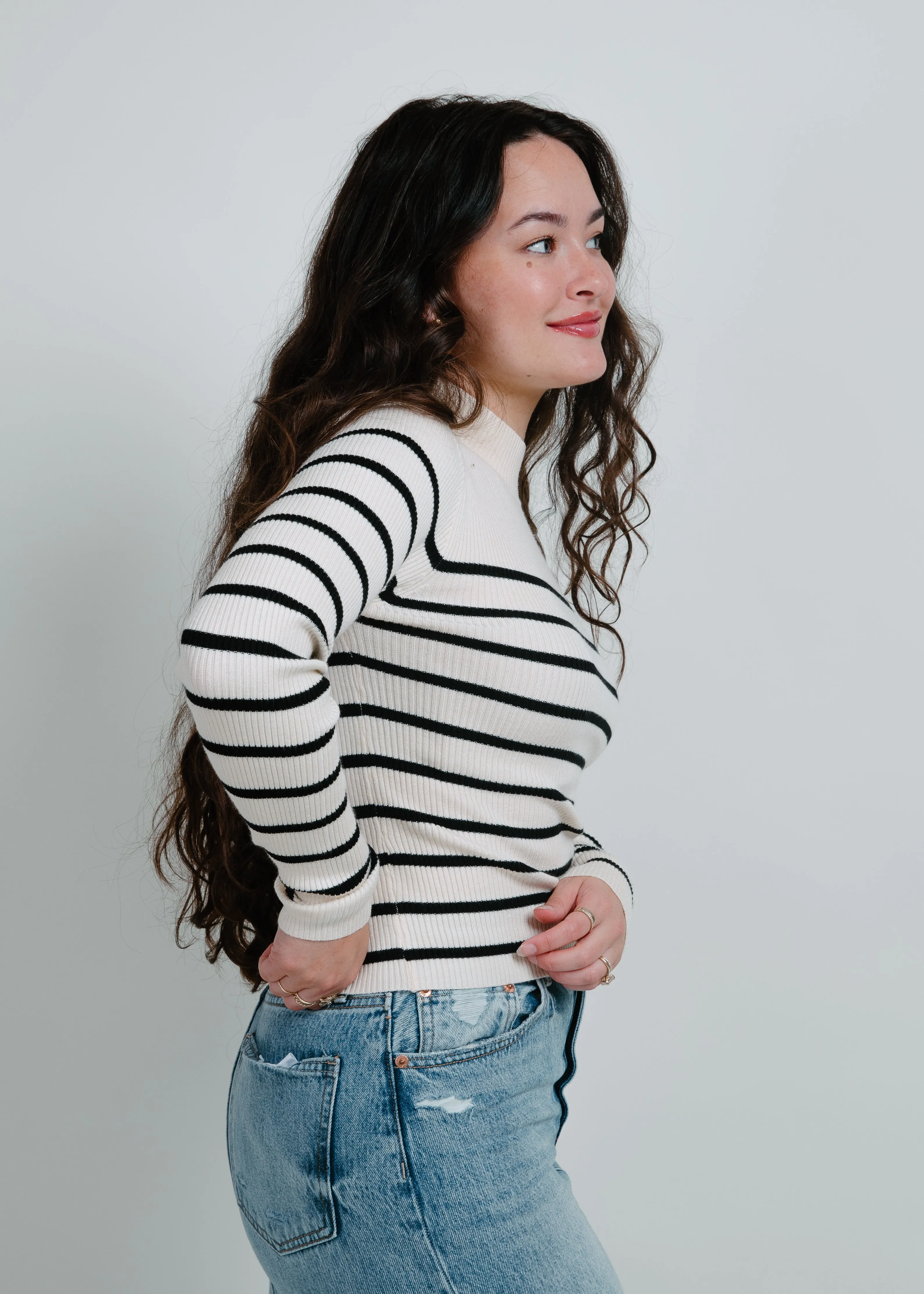 Carrie Mock Neck Striped Top - Ivory