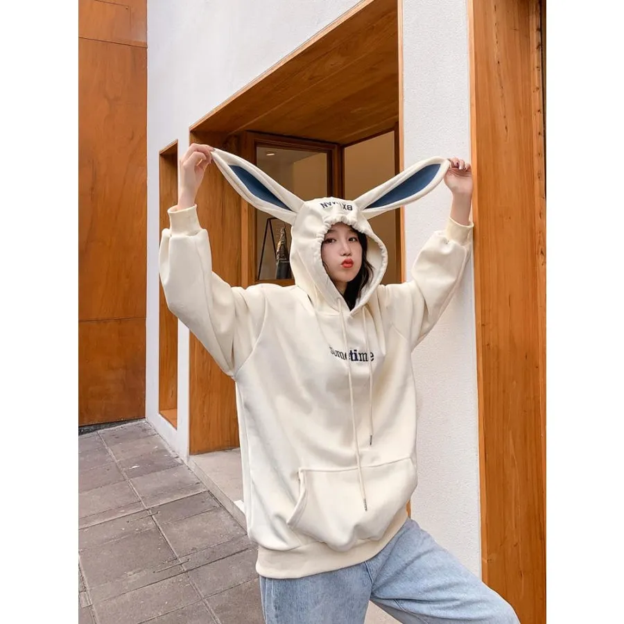 Casual Letter Sometime Embroidery Bunny Ear Hoodies