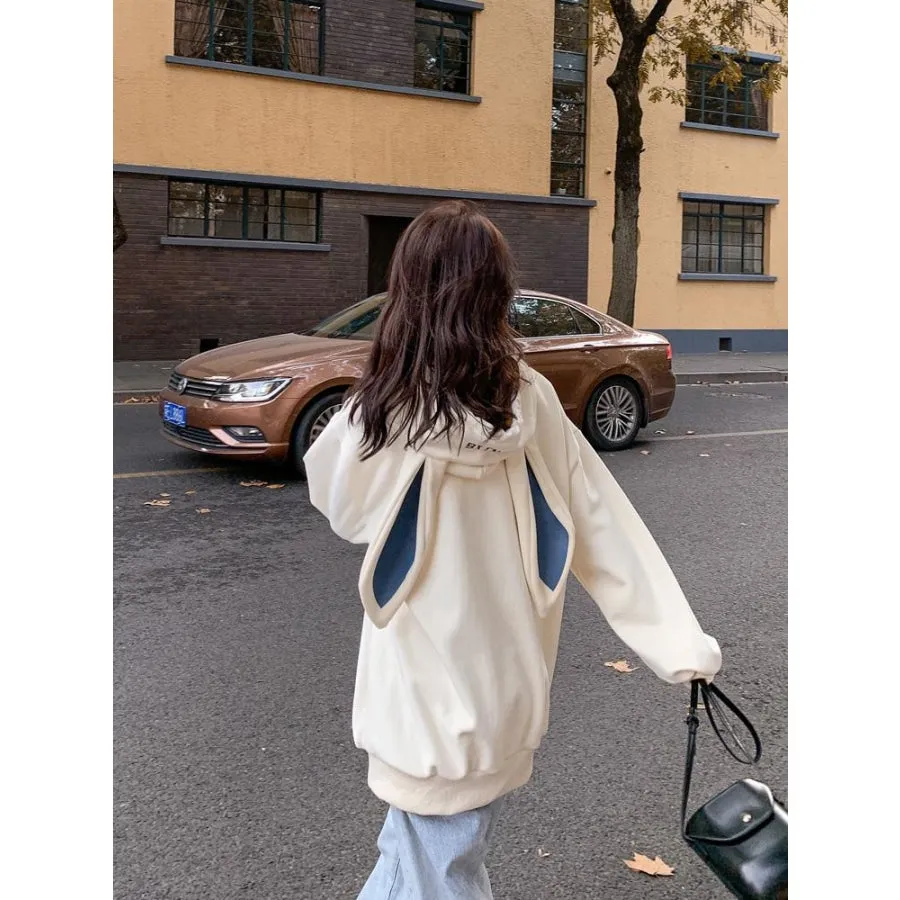 Casual Letter Sometime Embroidery Bunny Ear Hoodies