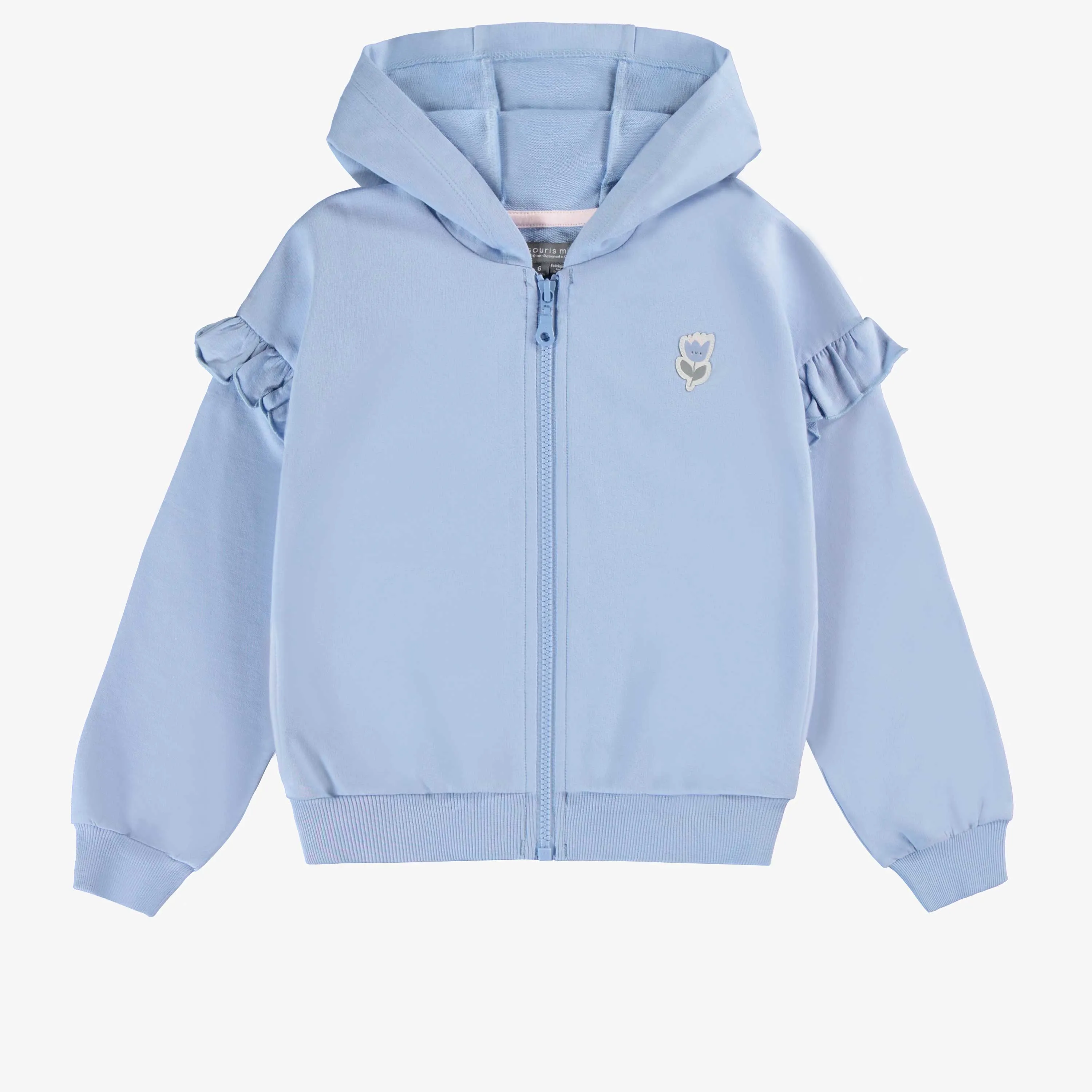 Chandail à capuchon bleu céleste avec motif de tulipe en coton français, enfant || Loose-fitting celestial blue sweater with tulip motif in french cotton, child