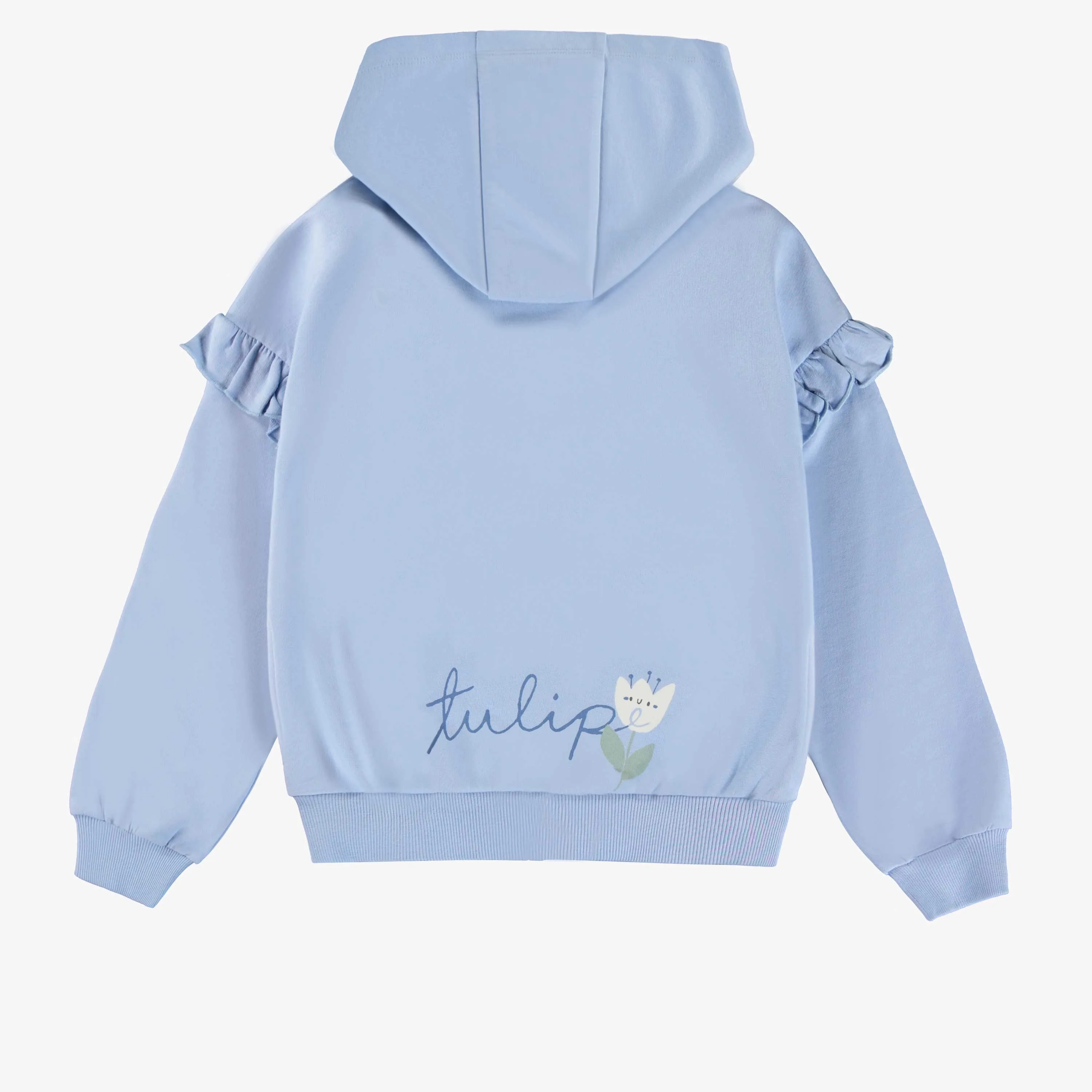 Chandail à capuchon bleu céleste avec motif de tulipe en coton français, enfant || Loose-fitting celestial blue sweater with tulip motif in french cotton, child