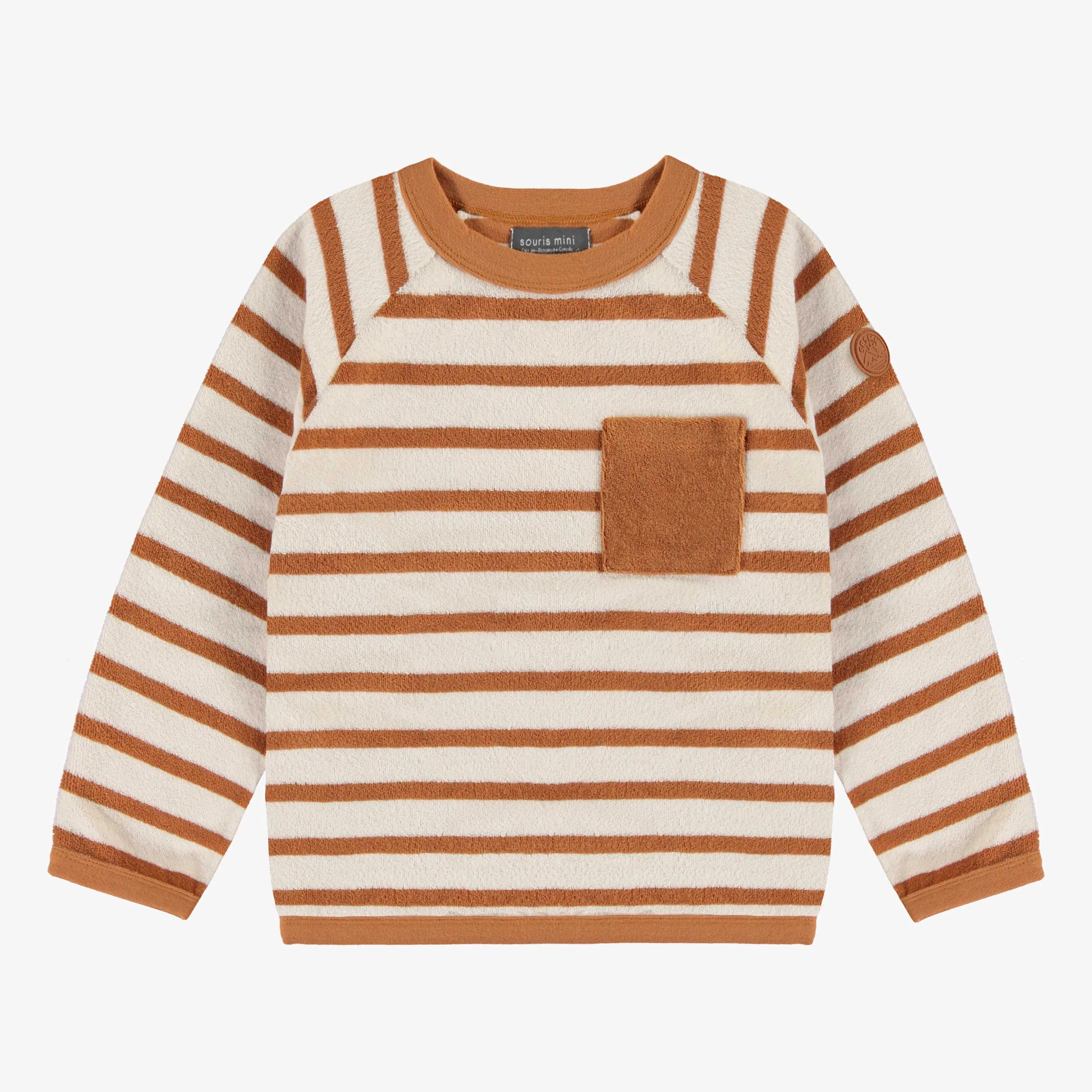 Chandail caramel et crème ligné à manches longues en ratine, enfant || Caramel and cream sweater with long sleeves in terry, child