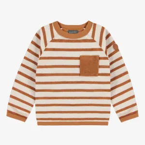 Chandail caramel et crème ligné à manches longues en ratine, enfant || Caramel and cream sweater with long sleeves in terry, child