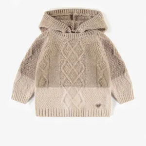 Chandail crème à capuchon de maille en polyester recyclé, bébé || Recycled polyester cream knitted hoodie, baby