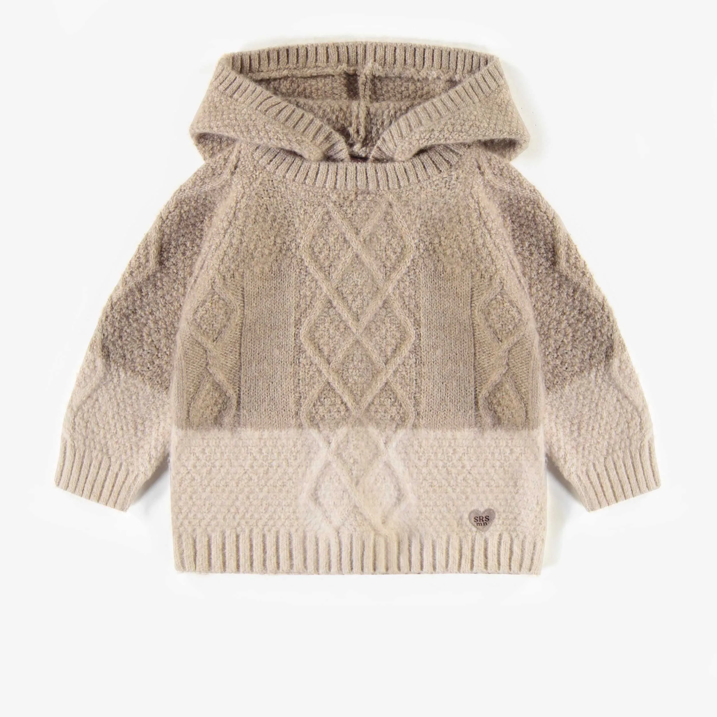 Chandail crème à capuchon de maille en polyester recyclé, bébé || Recycled polyester cream knitted hoodie, baby