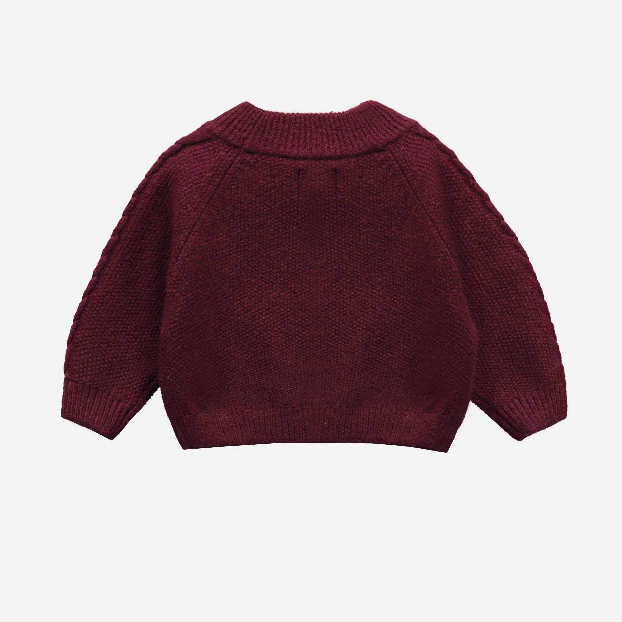 Chandail de maille bourgogne avec broderie et motif tressé, bébé || Long sleeve burgundy sweater with embroideries and braided pattern, baby