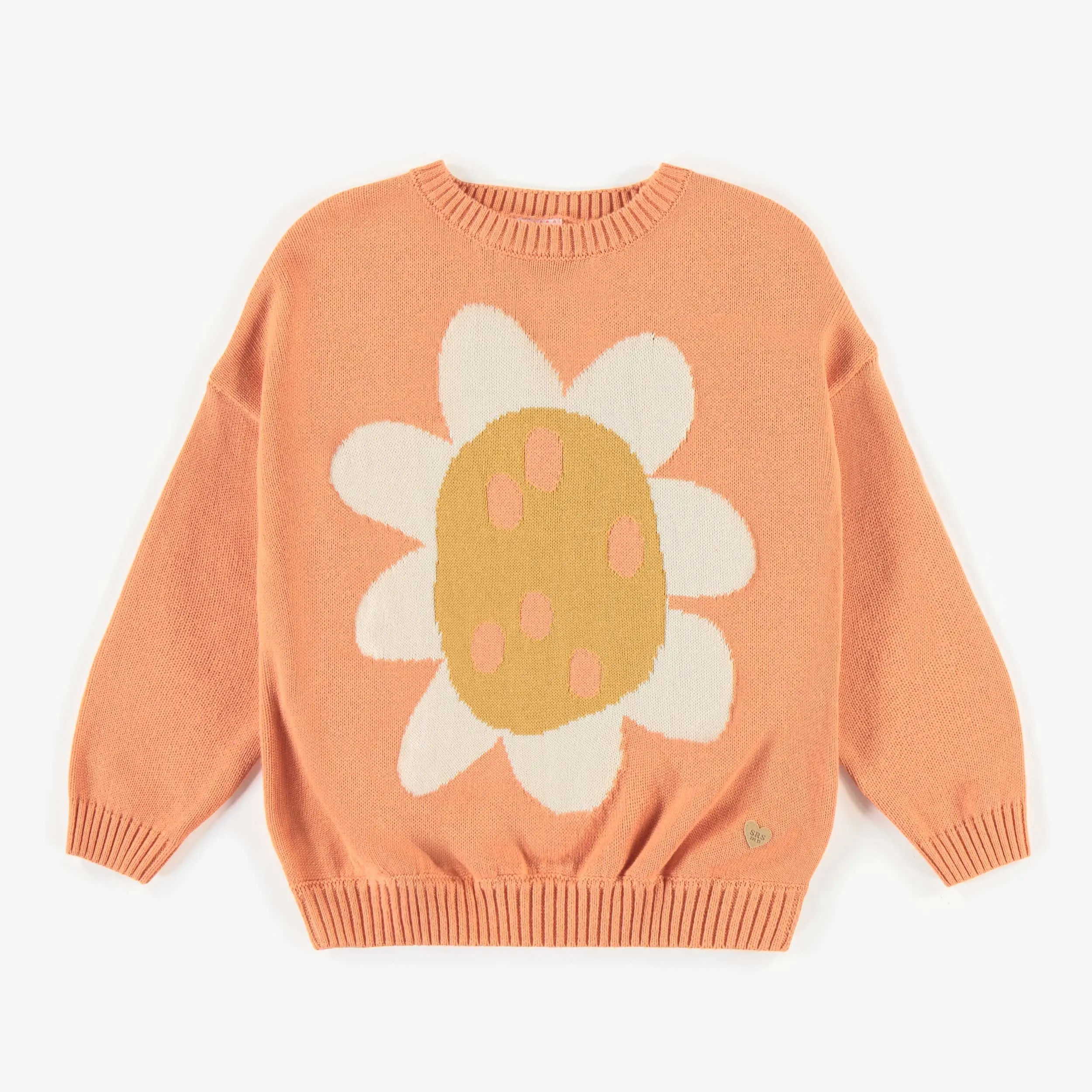 Chandail de maille orange avec illustration de fleur, enfant || Pink crewneck with a flower illustration in knitwear, child