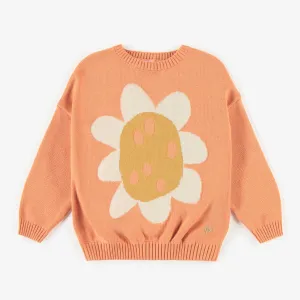 Chandail de maille orange avec illustration de fleur, enfant || Pink crewneck with a flower illustration in knitwear, child