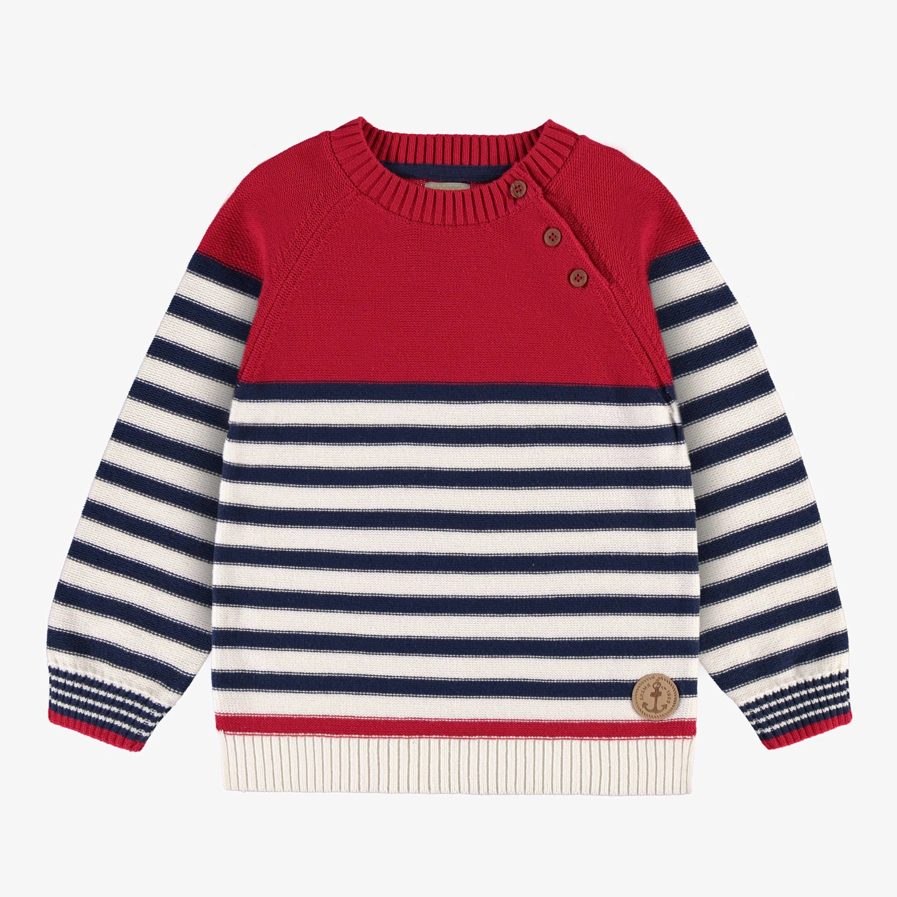 Chandail de tricot rouge, bleu et crème à rayures, enfant || Cream, red and blue striped knitted sweater, child