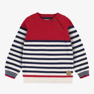 Chandail de tricot rouge, bleu et crème à rayures, enfant || Cream, red and blue striped knitted sweater, child