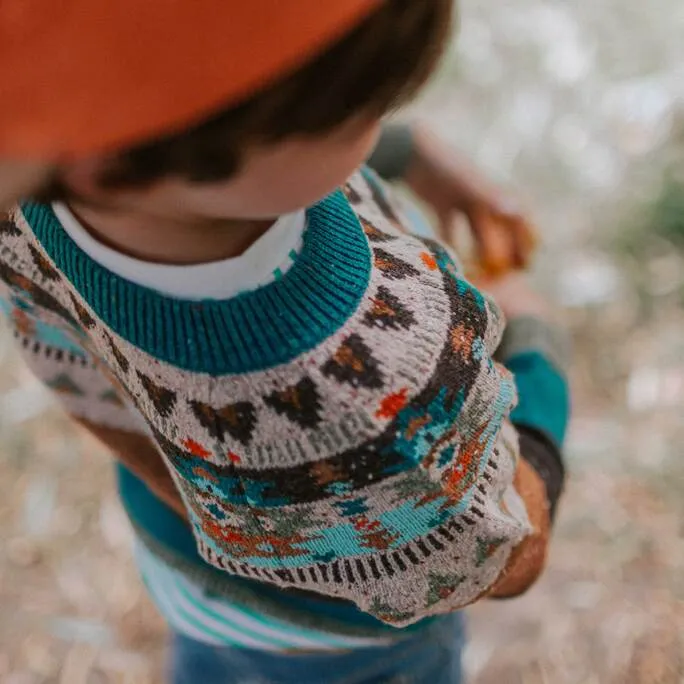 Chandail en jacquard turquoise en maille, enfant || Turquoise jacquard knitted sweatshirt, child