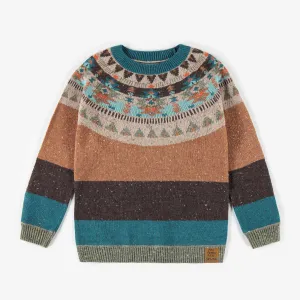 Chandail en jacquard turquoise en maille, enfant || Turquoise jacquard knitted sweatshirt, child