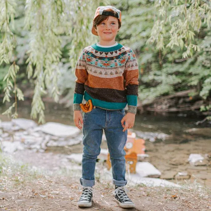 Chandail en jacquard turquoise en maille, enfant || Turquoise jacquard knitted sweatshirt, child