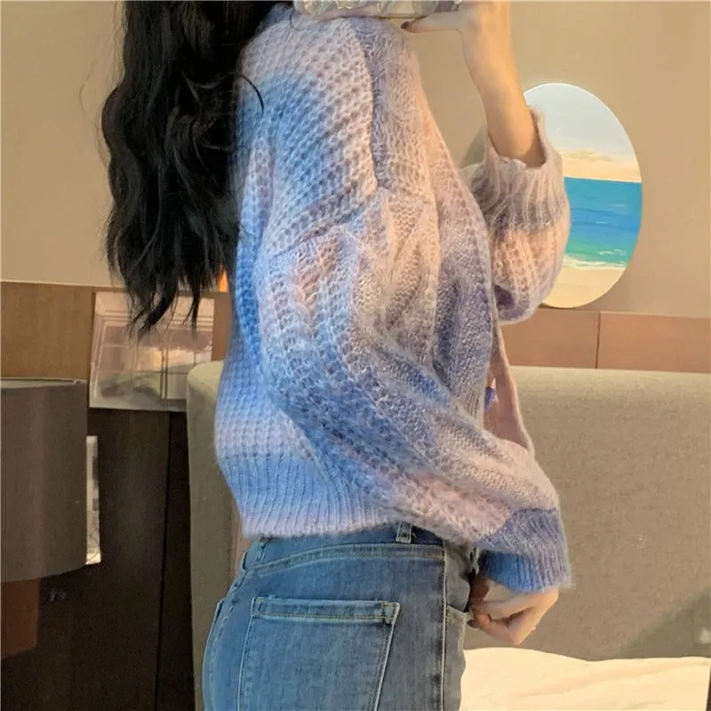 Chic Gradient Rainbow Tie-dye Knitted Cardigan UB2819