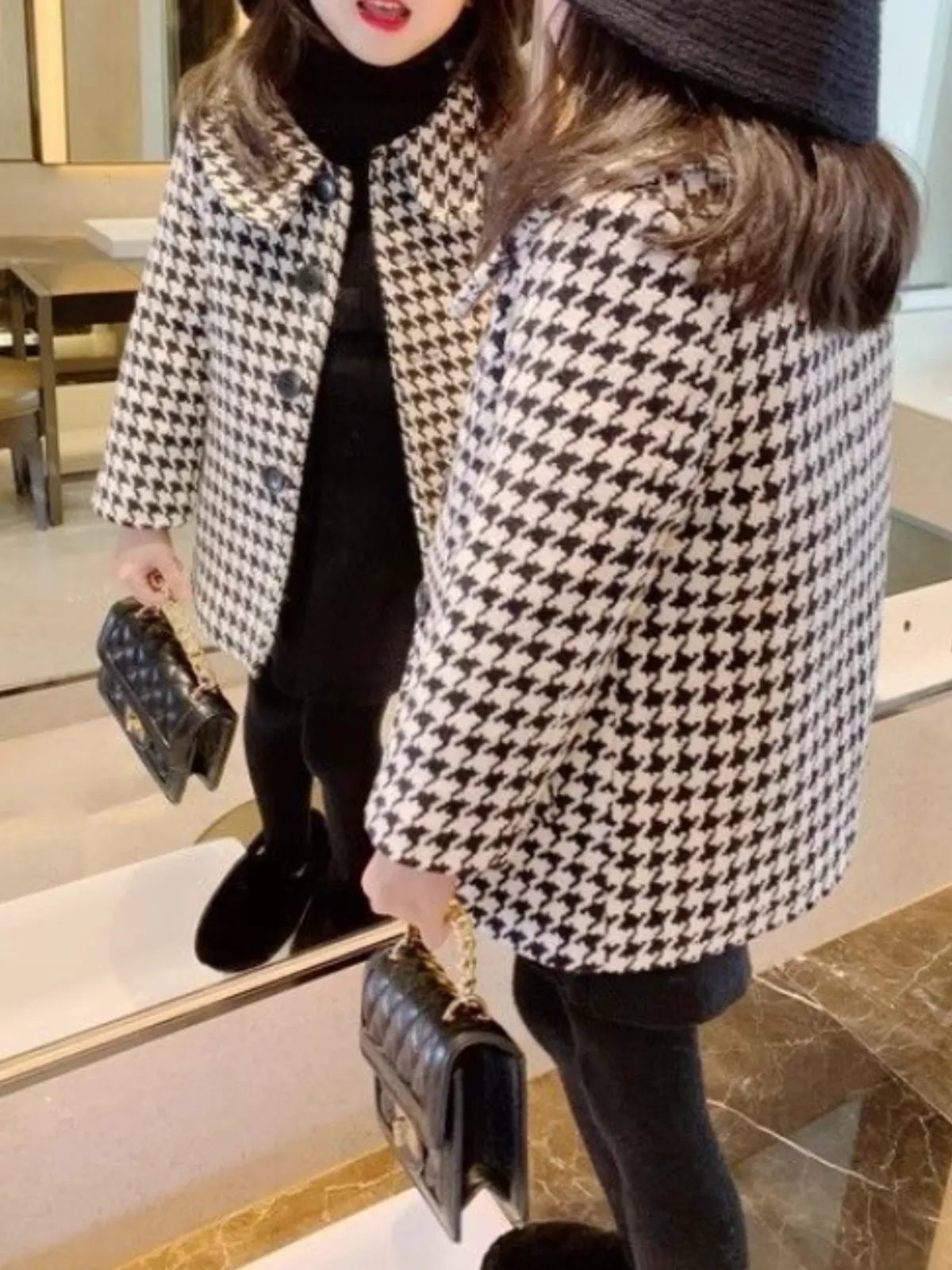 Chic Houndstooth Long Coat