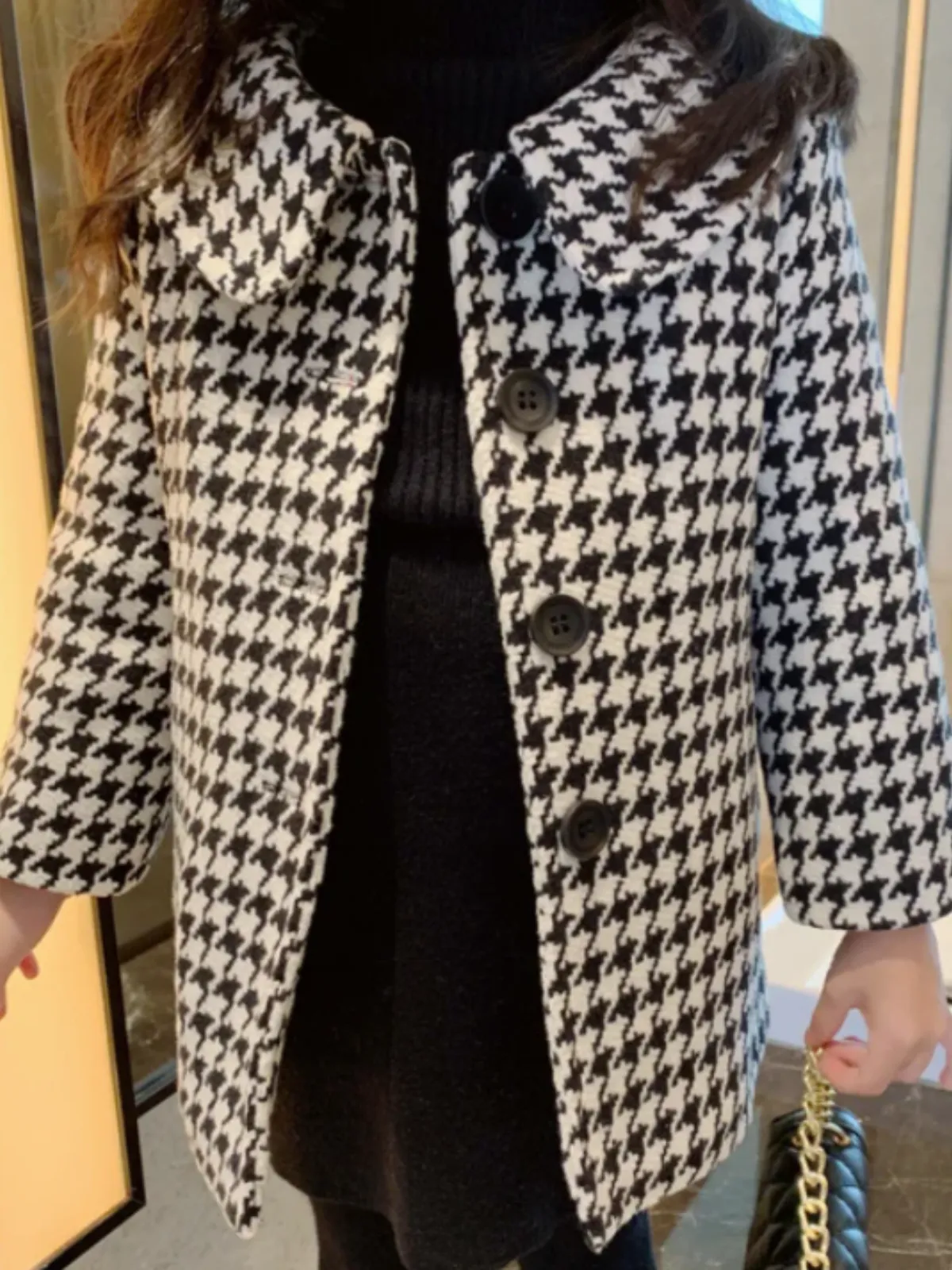 Chic Houndstooth Long Coat