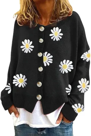 Chouyatou Women's Vintage Floral Crop Cardigan Sweather Artistic Aesthetic Cable Knitted Oversized Sweater Outwear
