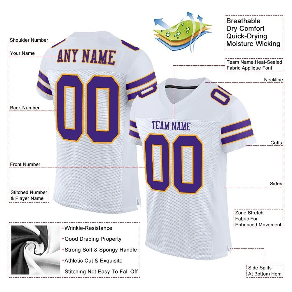 Custom White Purple-Gold Mesh Authentic Football Jersey