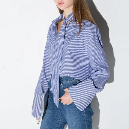 Fashion Women Striped Preppy Style Bow Button Blouses Flare Sleeve Casual Cute Loose Shirts Tops