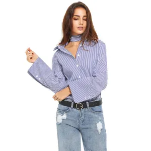 Fashion Women Striped Preppy Style Bow Button Blouses Flare Sleeve Casual Cute Loose Shirts Tops