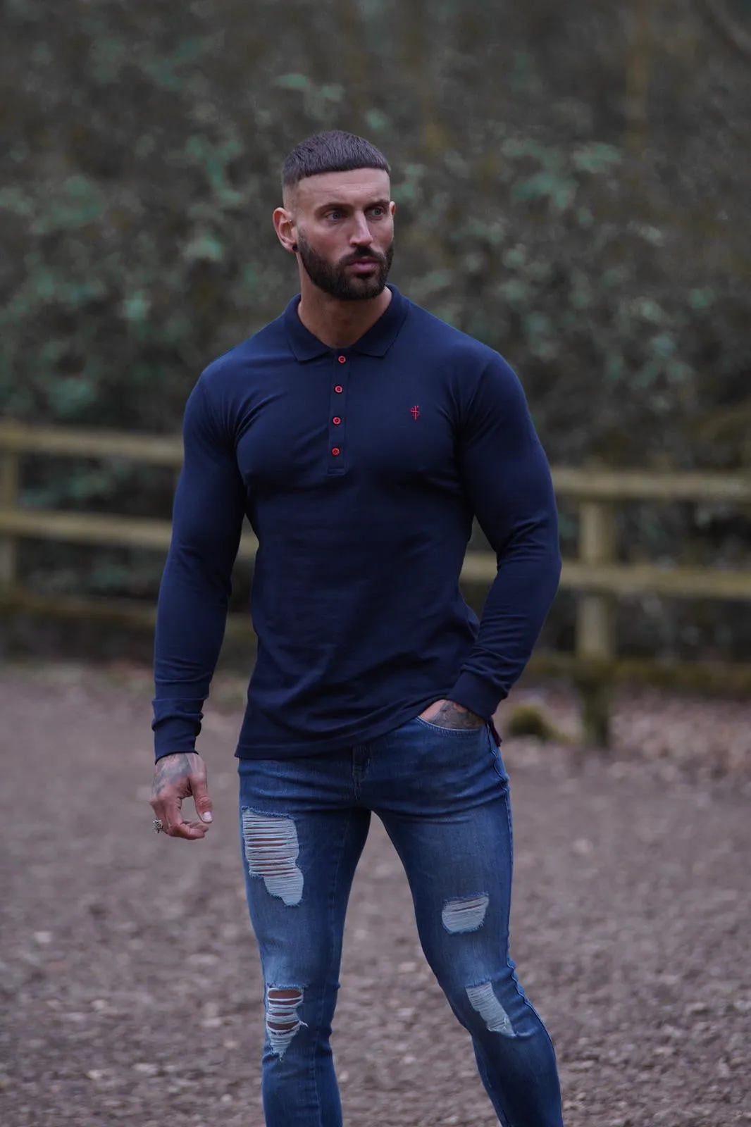 Father Sons Classic Navy and Red Contrast Polo Shirt Long Sleeve - FSH326