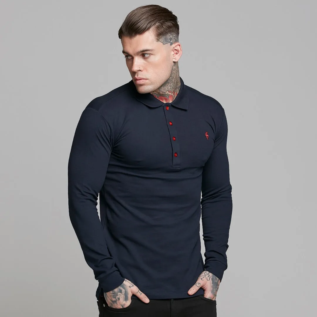 Father Sons Classic Navy and Red Contrast Polo Shirt Long Sleeve - FSH326