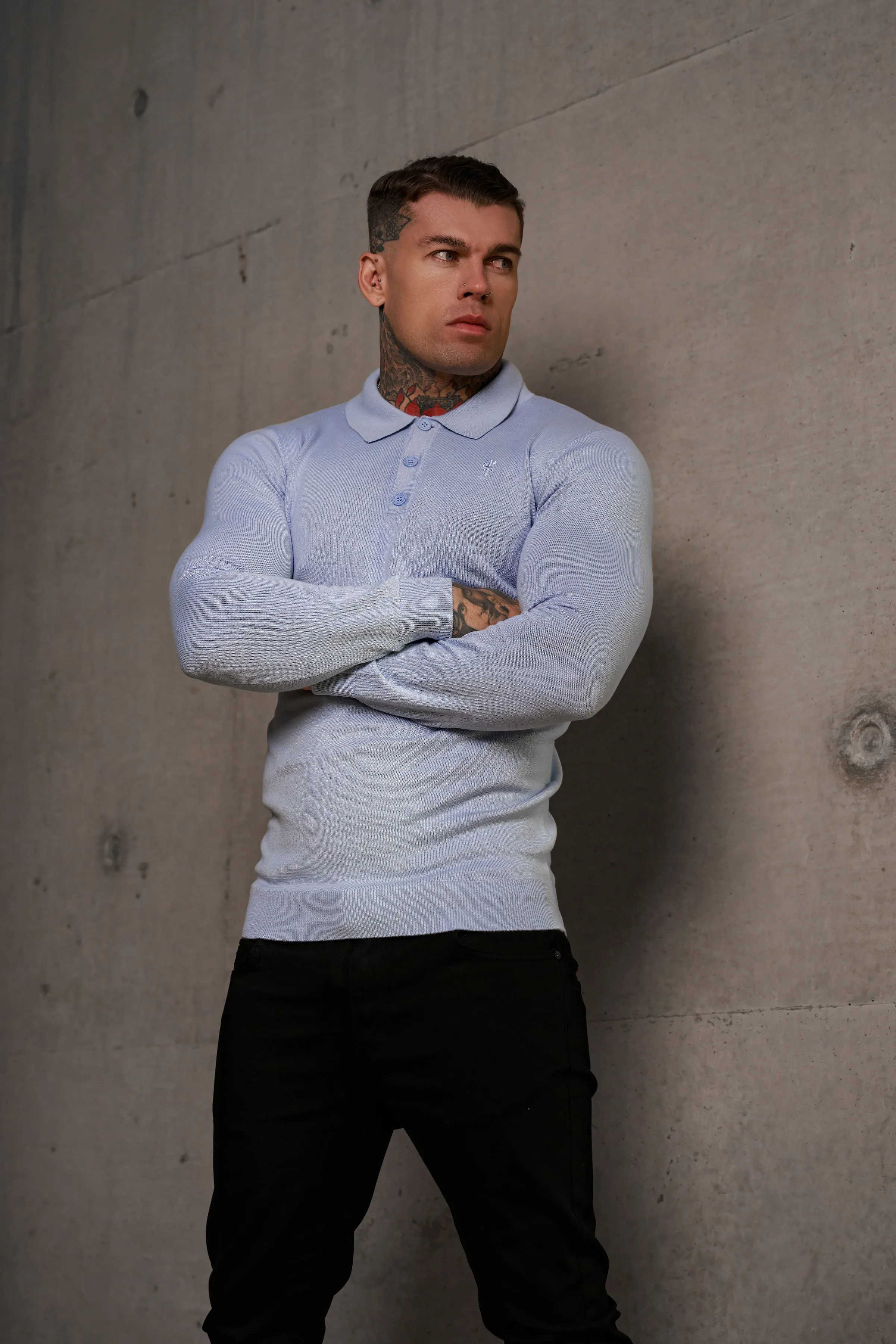 Father Sons Classic Pale Blue Knitted Polo Jumper Long Sleeve With Tonal FS Embroidery- FSN142
