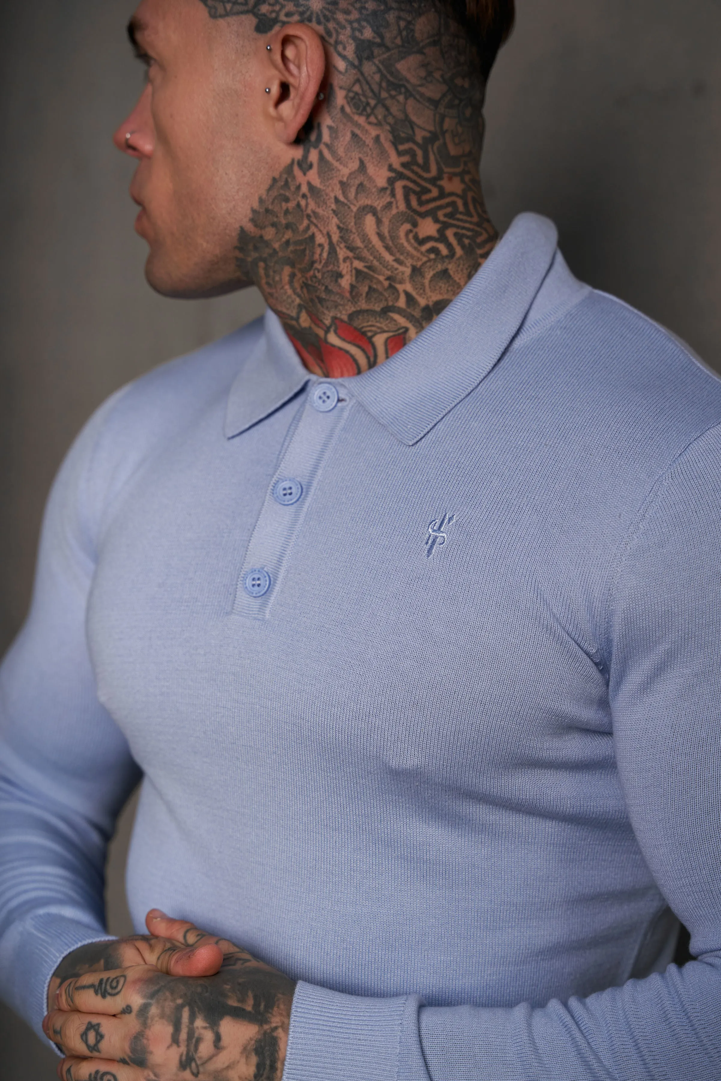 Father Sons Classic Pale Blue Knitted Polo Jumper Long Sleeve With Tonal FS Embroidery- FSN142
